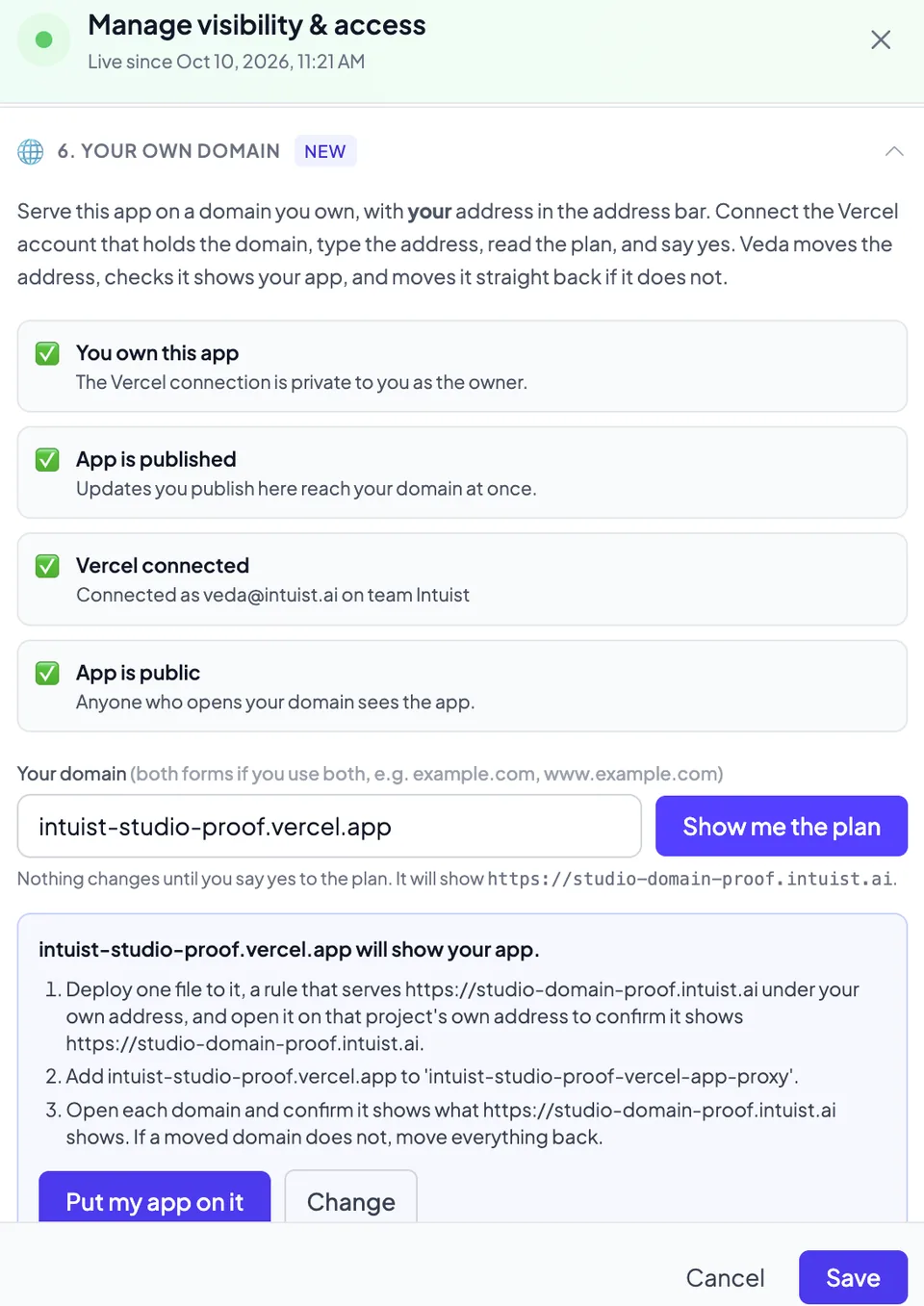 Veda Studio's visibility and access dialog, section 6, Your own domain: four checks passed, a domain typed in, and her three-step plan above a Put my app on it button.